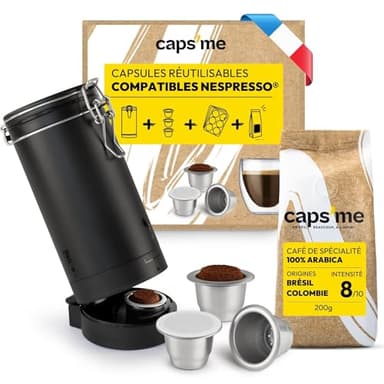 CAPS ME - Kit Complet Capsule Rechargeable pour Nespresso Original (1 Shaker + 3 Dosettes Réutilisables en Inox + 48 Couvercles Opercules en Papier + Café Premium) - Cadeau Économique et Écologique