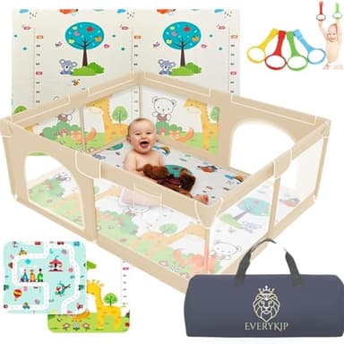 EveryKip® Parc Bebe 120x120CM | Enfant Modulable Avec Tapis | Barriere Bébé de Jeux | Tapis Et Anneaux Inclus (Beige)