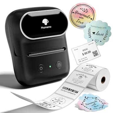 Phomemo Étiqueteuse M108, Étiqueteuse Autocollante contien 1 Rouleau Étiquettes, Imprimante Etiquette Thermique,pour Les Codes-Barres, la Vente au détail, Le Bureau, Compatible avec iOS et Android