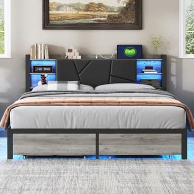 KeepGoon Lit en bois de fer 160 x 200 cm, table de chevet avec barre lumineuse et port USB, double tiroirs au bout du lit, lit double, dossier rembourré, tête de lit avec compartiment de rangement, PU