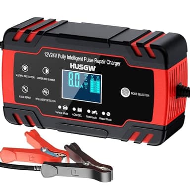 Husgw Chargeur Batterie Voitures 12V/24V 8A, Chargeur de Batterie Intelligent Moto avec Fonction Réparation, Maintien de Charge Auto, Écran LCD, pour Voiture Moto Camion, AGM, Gel, Wet, SLA (8-100 AH)