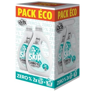 Skip - Lessive Liquide - 0% - 70 lavages - Efficace Tout en Respectant les Peaux Très Sensibles - Formule Sans Parfum ni Colorants et Conservateurs MIT-BIT - Certifiée ECARF - 2x35 Lavages