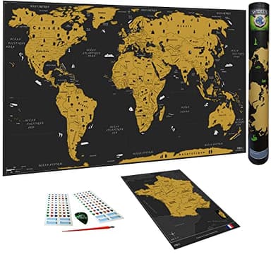 WIDETA Carte du monde à gratter, Français/Poster grand format (82 x 43 cm) / Planisphère, Mappemonde Grattable/Inclus Carte de France, autocollants et accessoires de grattage