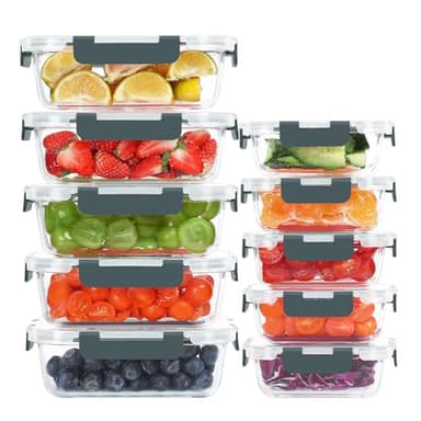 KOMUEE Lot de 10 Boîtes en Verre Alimentaire, Boîtes de Conservation Avec Couvercles Hermétiques, sans BPA, Passant au Congélateur, au Four et au Micro-ondes