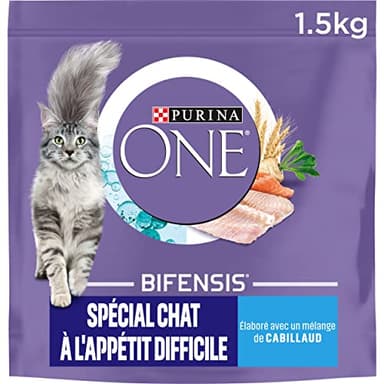 PURINA ONE | BIFENSIS | Chat Adulte à l'appétit difficile | Croquettes | Stimule l'appétit du Chat, Haute digestibilité| Goût savoureux au Cabillaud, à la Truite | Sac | Lot de 1 x 1,5 Kg