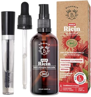 BIONOBLE Huile de Ricin Bio Pressée à Froid + Kit Mascara, 100% Naturelle - Favorise la Pousse, Répare - Huile de Ricin pour Cheveux, Cils, Sourcils - Castor Oil - Flacon Verre, Pipette, Pompe - 100ml