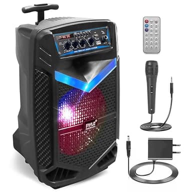 Pyle Enceinte Bluetooth Puissante,400W Enceinte Sono Portable avec Batterie Rechargeable,Subwoofer et Tweeter,Fonction d'Enregistrement, Micro Filaire SD,USB,AUX Radio, Eclairage LED et Roues, Noir