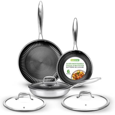 NutriChef Set de 6 Poêles Inox Tri-Ply – 20, 26 et 30 cm Antiadhésives avec Couvercles, Compatible Induction et Four, Lavable Lave-Vaisselle