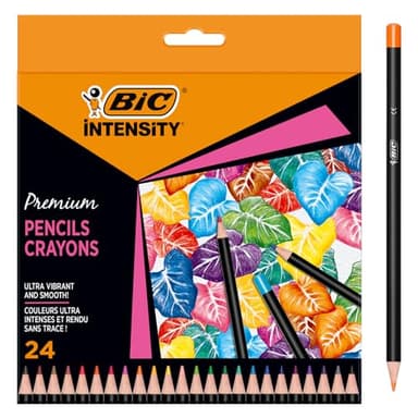 BIC Intensity Crayon de Couleur Mine Douce Corps Noir Mat et Embout à la couleur de la mine - Couleurs assorties, Pochette de 24