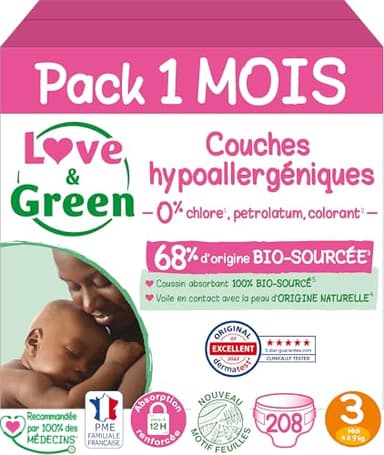 Love & Green - Couches Bébé Saines et Ecologiques - Taille 3 (4-9 Kg) - Pack 1 Mois (208 Couches) - Absorbante, anti-fuites et sans ingrédients indésirables - Certifiées Dermatestn