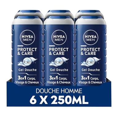 NIVEA MEN Gel douche Protect & Care (lot 6x250 ml) — Soin lavant enrichi en Aloe Vera naturel — Gel douche homme 3 EN 1 — Soin nettoyant corps visage et cheveux à la formule hydratante