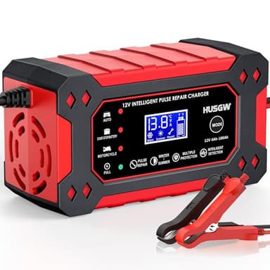 Husgw 6A Chargeur de Batterie Voiture, 12V Chargeur Batterie Moto avec Réparation Intelligent, Mainteneur de Batterie avec Écran LCD, pour Voiture Moto Camion, AGM, Gel, Wet, SLA