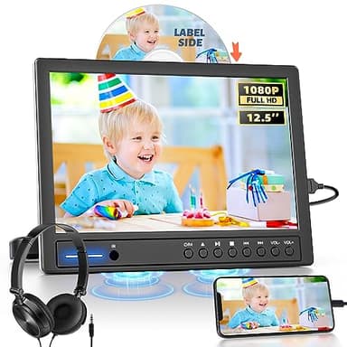 Arafuna Lecteur DVD Voiture 12,5 Pouces avec écouteurs, appareils vidéo pour appuie-tête avec Support pour appuie-tête, entrée Disque à Ventouse, Lecteur DVD Portable Voiture 1080P, HDMI, AV, USB/SD