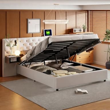 HYNHXBP Lit Complet avec Tables de Chevet 160 x 200 cm, rembourré, Lampe de Lecture et USB, lit hydraulique Double, Coffre de Rangement, Cadre en Bois, Velours Blanc cassé