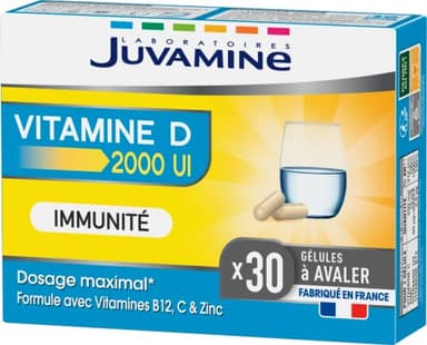JUVAMINE Vitamine D 2000 UI, Immunité, Vitalité, Vitamine B12, Vitamine C, Vitamine D3 Et Zinc, Programme de 1 Mois, 30 Gélules, Fabriqué en France