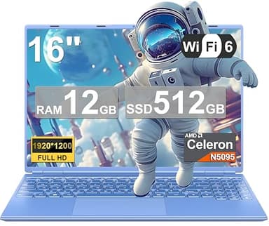 Ordinateur Portable 16 Pouces 4 cœurs Celeron N5095 (jusqu'à 2,9 GHz),12+512GB SSD Soutien Extension 1TB ,PC Portable Win11 Avec 5G WIFI 1920x1200 BT4.2 Souris sans Fil&AZERTY Clavier Couverture-Bleu