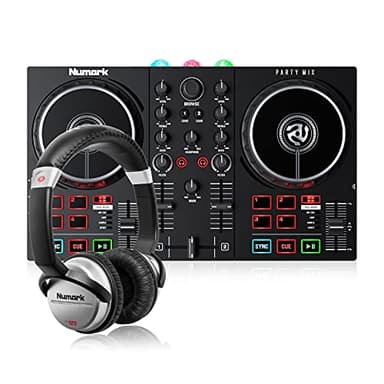 Numark Party Mix II & HF 125 - Contrôleur DJ pour débutants avec lumières LED, carte son et table de mixage DJ pour Serato DJ Lite avec Casque DJ Ultra-Portable