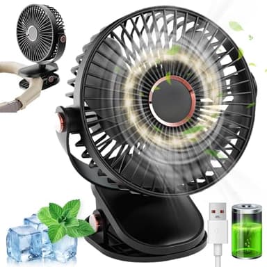 Mini ventilateur de table à clip, USB, batterie 5000 mAh, silencieux, 5 vitesses, rotation à 720 °, pour la maison, le bureau, le camping (noir)