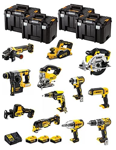 DeWALT Kit DWK1202T (DCD796 + DCH273 + DCG405 + DCF887 + DCF889H + DCS331 + DCS391 + DCS355 + DCP580 + DCS369 + DCL050 + DCF620 + 3 Batteries de 5,0 Ah + Chargeur + 4 x TSTAK VI)