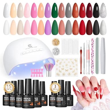 PEACECOLOR Kit Vernis Semi Permanent Complet avec Lampe UV, 15 Couleurs Vernis à Ongles avec Base et Top Coat Mat, Kit Ongle Gel UV Complet Nail Art Cadeau pour Femmes
