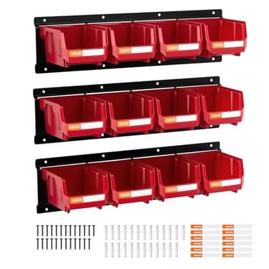 VEVOR Bac à Bec Mural 12 PCS Bacs de Rangement Empilables Suspendus avec 3 Rails Métalliques, Boites de Rangement en Plastique pour Vis, Écrous, Boulons, Quincaillerie, Outils Atelier, Garage, Rouge