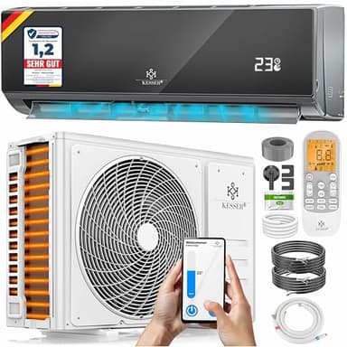KESSER® Climatiseur SET Split WiFi/application – Refroidissement A++/chauffage A+ – Réfrigérant R32 – Télécommande, matériel de montage 12000 BTU/h (3400 watts) Anthrazite [Classe énergétique A++]