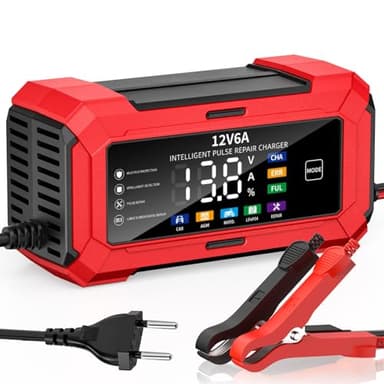 Husgw Chargeur Batterie Voiture 6A 12V, LiFePO4 Chargeur de Batterie pour Moto avec Réparation Automatisée, Charge Suspendue Maintien pour Batterie avec Écran LCD pour AGM/Gel/Wet/SLA