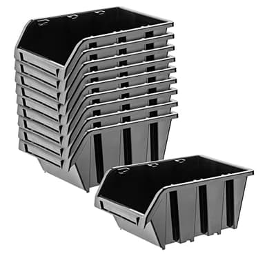 KADAX Boîtes de Rangement Murales, Boîtes Empilables en Plastique pour Organiser Vos Outils, Bacs à Bec pour Garage (Lot de 10 : Noir, 155 x 100 mm)