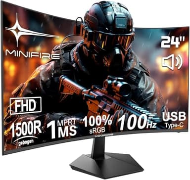 Minifire Écran Pc Gamer incurvé 24 Pouces 100Hz avec Haut-Parleur -1500R FHD (1920 x 1080) VA Panel, MPRT 1ms, sRGB100%, Less Blue Light, HDMI 1.4, Type-C 2.5W, supporte VESA 75 * 75 - Noir（MF24C1）