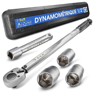 S&R Clef Dynamometrique Voiture Clé Dynamométrique 1/2 Voiture Moto Professionnelle (28-210 Nm) Cliquet carré Reversible + Rallonge et 3 Douilles.