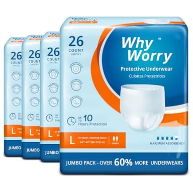 WhyWorry Culottes Incontinence pour Homme et Femme, Couche Culotte Adultes pour Fuites Urinaires, Slips Absorbants Jetables, Contrôle des Odeurs, Unisexe, Taille L, 104 Unités (4 Lot de 26)