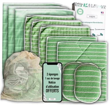 Kit 11 Chiffons Bambou Microfibres XXL, Éponges Lavables + Sac Offerts, QUALITÉ PREMIUM, Lavettes | Lingettes pour nettoyer les Traces sur Vitres, Voiture, Inox, Plaque de cuisson, Lunettes, Vaisselle