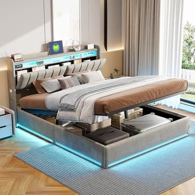 Lit Coffre 160 x 200 cm,avec Éclairage LED et Port USB,Lit Double Rembourré avec Rangement et Tete de lit,pour Adultes et Adolescents,Velours (Gris A, 160 x 200 cm)