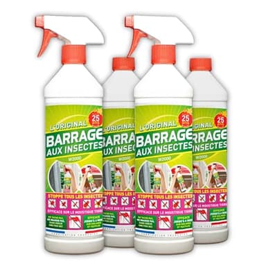 Barrage aux Insectes W2000 - Lot de 4x1L avec 2 Vaporisateurs - Stoppe tous les Insectes Volants et rampants - Jusqu'à 6 Mois de Protection