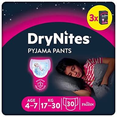 DryNites Huggies Couches de nuit absorbantes pour pipi au lit, pour filles de 4 à 7 ans (17 à 30 kg), 3 x 10 = 30 culottes, boîte mensuelle