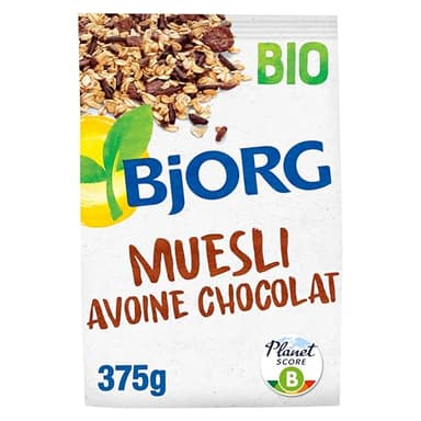 BJORG - Muesli Avoine Chocolat Bio - Muesli Croustillant aux Céréales Complètes - Sachet 375 g