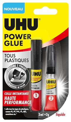 UHU Power glue tous plastiques - colle instantanée, ultra rapide et forte, tous plastiques, transparente, tube activateur 3ml + tube colle 2g