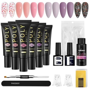 Phoenixy Poly Extension Gel Kit 6 Couleur 15 ML Kit Ongle Gel UV Complet avec Slip Solución Base Coat Top Coat Nail Art Set pour Débutants