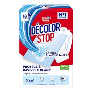 Decolor Stop - 2en1 - Agents Blanchissants - Protege et Ravive le Blanc - Protege du Ternissement et du Jaunissement - Capture les Particules de Salete - 100% Fibres d'Origine Vegetale - x18 Lingettes