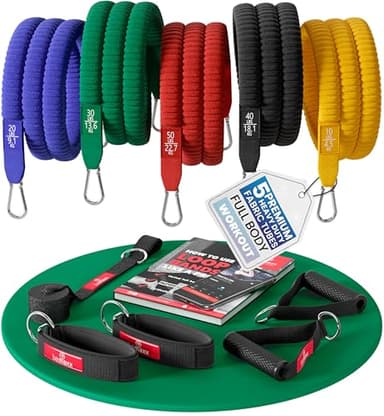 Kit Elastique Musculation Fitness Tissu + Guide Exercices, 5X Bandes de Résistance Textile Tubes Professionnels + Poignées, Ancre de Porte, Sangles Pied | Entraînement Tractions Bras Jambes Haltere