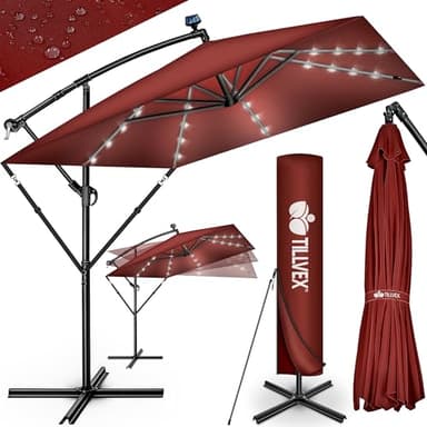 tillvex® Parasol déporté LED solaire Rectangulaire Ø 330 cm + Housse de Protection & contre le vent | Parasol à manivelle carré avec support | Parasol de jardin Extérieur Anti-UV en aluminium