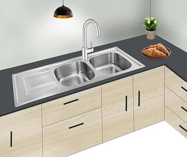 Omeere, 116 x 50 x 18 cm, grand évier de cuisine, en acier inoxydable 304, épaisseur du matériau : 0,8 mm, évier, encastrable, rectangulaire, 2 bacs, (étagère à gauche)