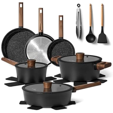 Just Perfecto Batterie de cuisine induction 15 pièces – Poêles antiadhésives casseroles avec couvercles en verre, wok, ustensiles et dessous-de-plat – Compatible tous feux gaz, électrique