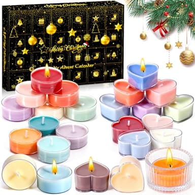 KDISHKRA Bougies Parfumées Calendrier de l'avent 2025, 24 Bougies Chauffe-Plat Parfumées et 1 Porte-Bougies, Décoration de Noël, Cadeaux de Noël pour Maman, épouse, Sœur, Fille, Petite Amie
