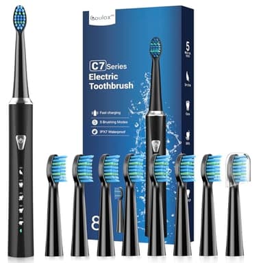 Brosse À Dent Électrique Sonique Adultes avec 8 Têtes - Brosse À Dents Sonique pour Adultes et Enfant, 5 Modes, Étanche IPX7, Brosses à Dents Ultrasoniques Famille et Voyager, Noir Foncé