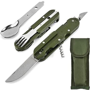 BUKYCAT Vaisselle Pliante en Acier Inoxydable 5 en 1, Couvert Camping Multifonction, Vaisselle de Voyage, Vaisselle de Camping en Acier Inoxydable pour Camping en Plein Air - Amovible (5 en 1)