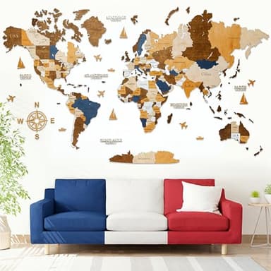 WOW WOOD Carte du Monde en Bois 3D en Français | Décoration murale pour le salon, la chambre ou le bureau | Idée cadeau pour toutes les fêtes (Multicolore, 85.00 x 160.00 cms)