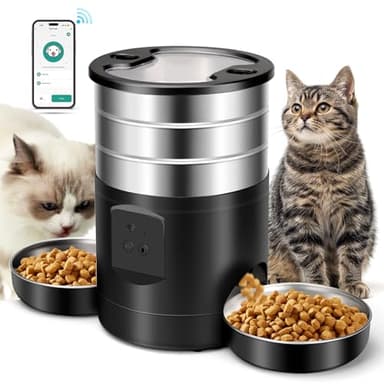 5L Distributeur Croquettes Chat Automatique 2 Bols, 2.4G WiFi Acier Inoxydable Anti-colmatage 24h Réservation 10 Repas par Jour Alimentation Personnalisé Distributeur Automatique pour Chiens et Chats