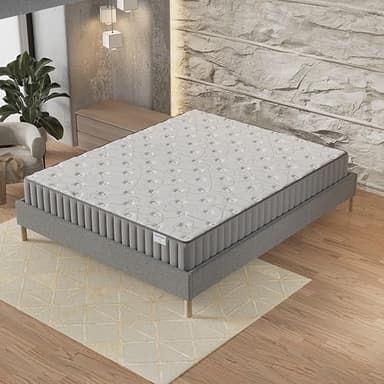 NOVEMBER- Ensemble Matelas + sommier (180 x 200cm)- Matelas Orionis Mousse Mémoire de Forme & Mousse Haute Densité d’épaisseur 16cm + Sommier Bois Stable & Robuste revêtement Tissu Gris