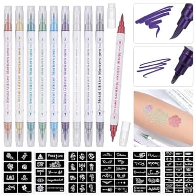 Huiguli 10 Couleurs Stylo Tatouage Temporaire Double Pointe, Couleurs Stylos à Tatouage Enfant Avec 60 Pochoir Tatouage, Kit Tatouage pour Garçons, Filles, Carnaval, Fête D'anniver